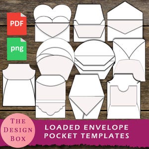 Puede incluir: Una colección de plantillas de bolsillo para sobres de papel blanco en varias formas, incluyendo diseños de corazón, círculo y geométricos. La imagen incluye iconos de tipo de archivo "PDF" y "png", y el texto "THE DESIGN BOX" y "LOADED ENVELOPE POCKET TEMPLATES".