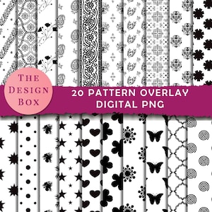 Könnte beinhalten: Eine Sammlung von 20 digitalen PNG-Muster-Overlays in Schwarz und Weiß. Die Muster umfassen florale, geometrische und abstrakte Designs. Der Text "THE DESIGN BOX" befindet sich in einem rosa Kreis und "20 PATTERN OVERLAY DIGITAL PNG" auf einem magenta Banner.