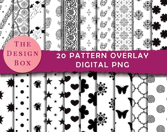 May include: A collection of 20 black and white digital PNG pattern overlays. The patterns include floral, geometric, and abstract designs. The text "THE DESIGN BOX" is in a pink circle, and "20 PATTERN OVERLAY DIGITAL PNG" is on a magenta banner.