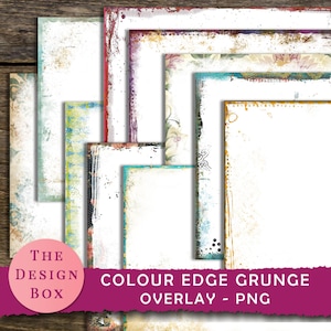 May include: A collection of grunge-style digital overlays with various color edge designs. The overlays feature distressed textures, splatters, and decorative borders. The text on the image reads "COLOUR EDGE GRUNGE OVERLAY - PNG" and "THE DESIGN BOX".