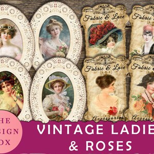 Vintage Ladies & Roses, Imprimível, Diário de sucata, Ephemera, Rose Ephemera, Shabby chic, Vintage ladies, Rose Junk Journal, Sewing Junk Journa