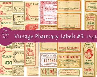 Ensemble #3 pharmacie vintage, étiquettes de pharmacie imprimables, étiquettes de médecine, collage numérique, médicaments, poisons, ephemera, scrapbook, journal junk