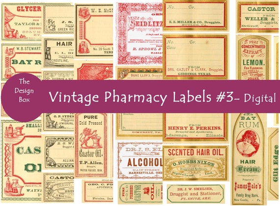 Set #3 Vintage Pharmacy, Printable Pharmacy Labels, Medicine Labels, Digital Collage, Drugs, Poisons, Ephemera, Scrapbook, Junk journal