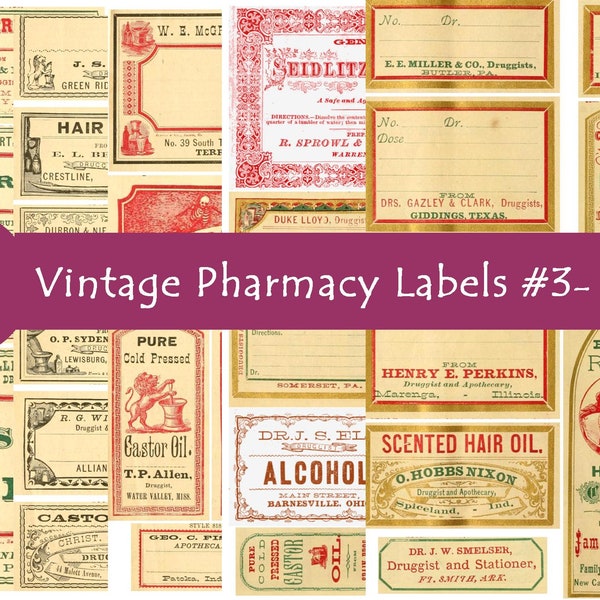 Set #3 Vintage Pharmacy, Printable Pharmacy Labels, Medicine Labels, Digital Collage, Drugs, Poisons, Ephemera, Scrapbook, Junk journal