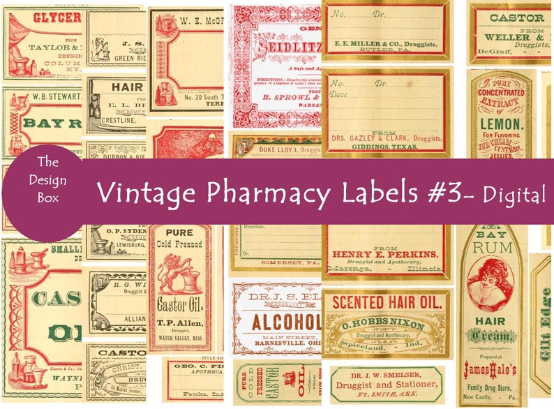 Pu&ograve; includere: Un collage di etichette di farmacia vintage con una variet&agrave; di disegni e testi. Le etichette sono di vari colori, tra cui rosso, oro e bianco. Le etichette presentano testo come "Glycer", "Olio di ricino", "Crema per capelli", "Rum del giorno" e "Olio per capelli profumato".