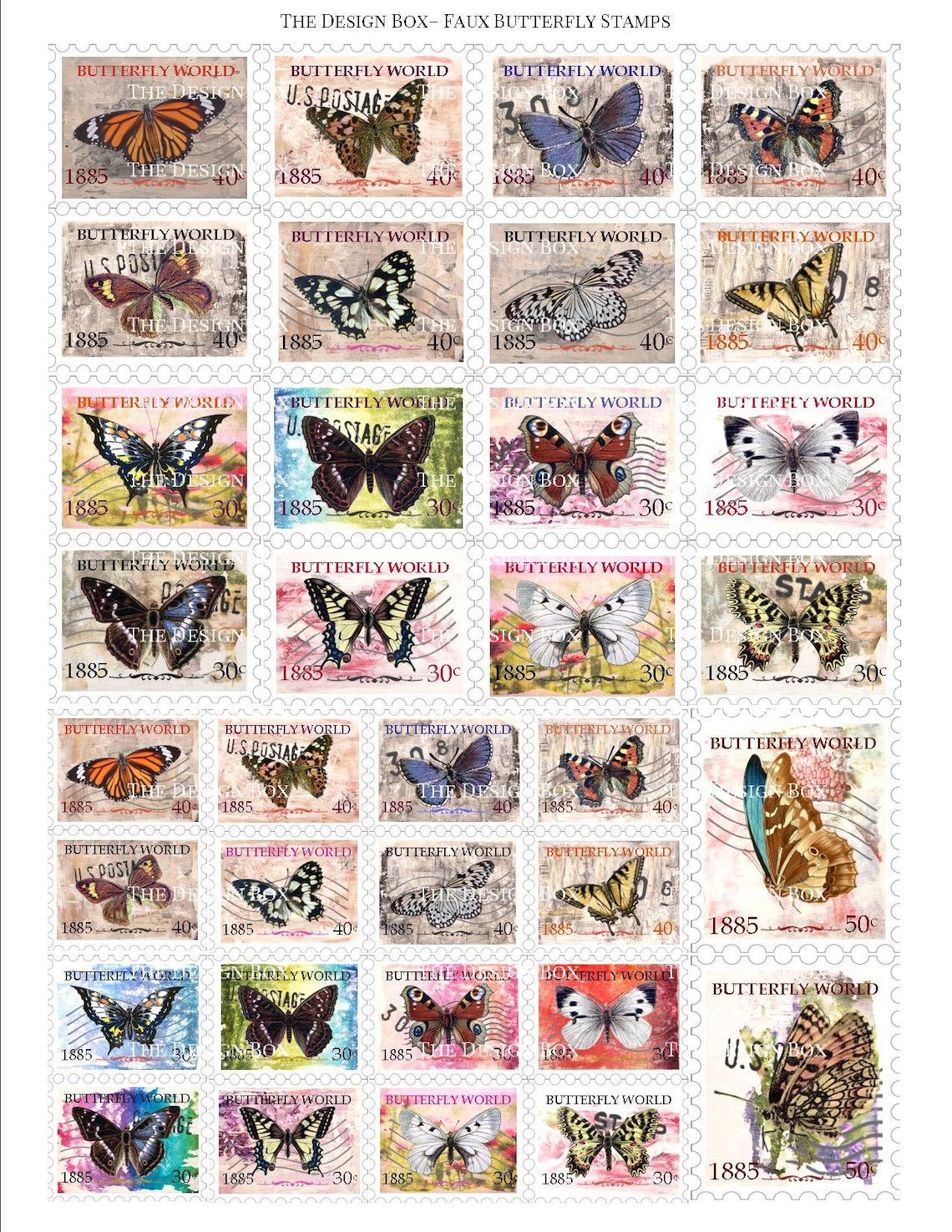 Butterfly Postage Stamps, Printable Stamps, Vintage Butterfly, Postage