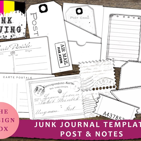 Junk Journal, Digital Templates, Printable, Ink Saver, Folio, Black, White, Folder, Envelopes, Tags, Pockets, Ephemera, Folio Templates