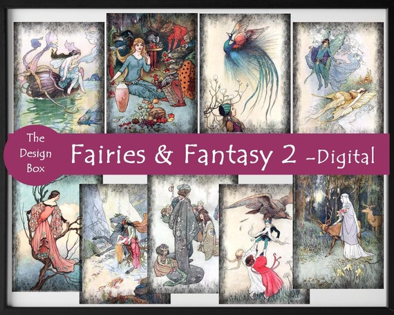 Fairies & Fantasy 2, Digital Cards, Magical Fairies, Fairy Cards, Vintage Card, ATC Card, Junk journal, scrapbook, Vintage Ephemera, Sticker