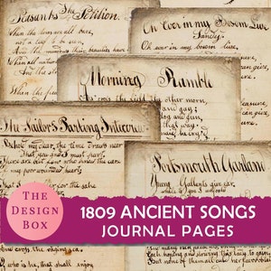 1809 oude liederen, afdrukbare pagina's, handgeschreven, kortstondige, vintage document, ongewenste dagboekpagina's, afdrukbare kortstondige, ongewenste dagboeken, digitaal