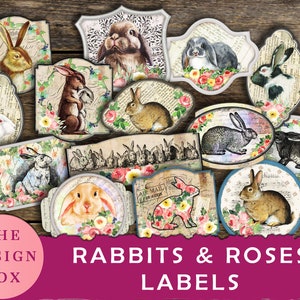 Rabbits & Roses, Labels, Printable Labels, Rabbit Embellishments, Bunny Journal, Junk Journal, French Rabbits, Vintage Rabbits, Easter, Tag
