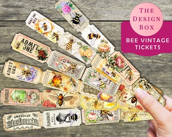Bee Tickets, Printable Tickets, Junk Journal, Bee,  Shabby, Floral, Vintage Bee,  Scrapbook, Printable, Ephemera, Digital, Download, Vintage