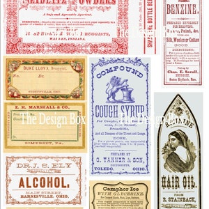 Pu&ograve; includere: Etichette vintage per vari prodotti, tra cui Polveri di Seidlitz, Sciroppo per la Tosse Composto, Benzina Inodore e Olio per Capelli. Le etichette presentano disegni decorativi, illustrazioni e testo in una variet&agrave; di colori.