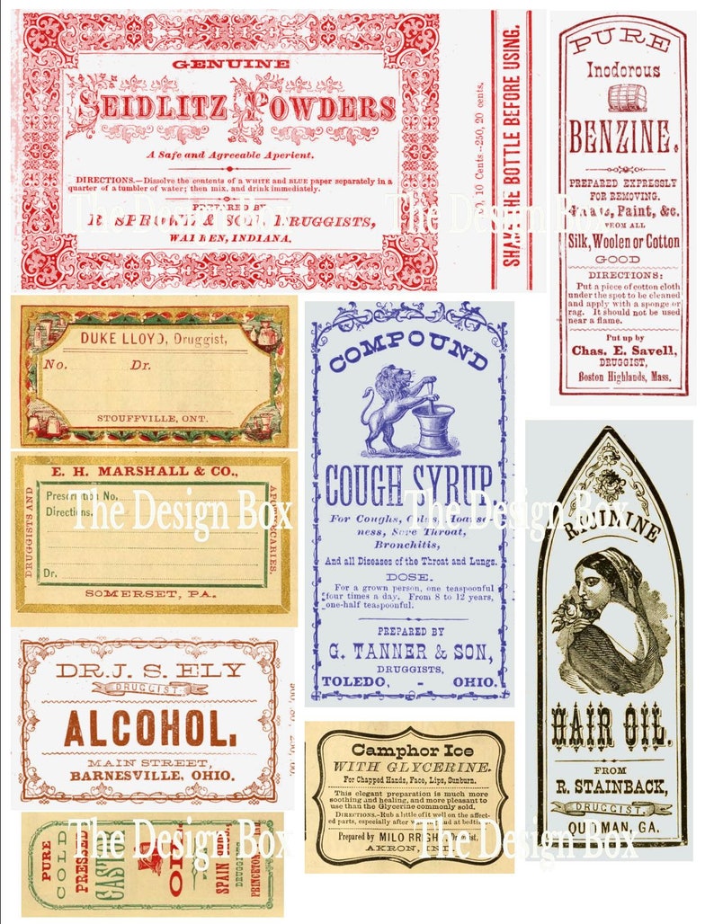Pu&ograve; includere: Etichette vintage per vari prodotti, tra cui Polveri di Seidlitz, Sciroppo per la Tosse Composto, Benzina Inodore e Olio per Capelli. Le etichette presentano disegni decorativi, illustrazioni e testo in una variet&agrave; di colori.
