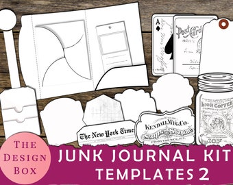 Junk Journal Templates 2, Digital Templates, Printable, Ink Saver, Folio, Black, White, Folder, Envelopes, Tags, Pockets, Ephemera, Template