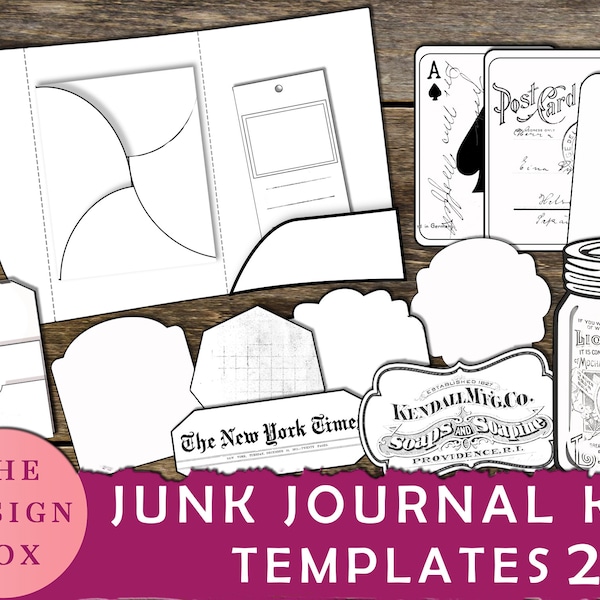 Junk Journal Templates 2, Digital Templates, Printable, Ink Saver, Folio, Black, White, Folder, Envelopes, Tags, Pockets, Ephemera, Template