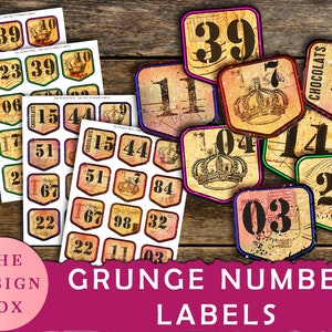 Grunge Number Labels, Printable Labels, Vintage Embellishments, Journal Numbers, Junk Journal, Grunge, Number labels, Vintage Labels, Number