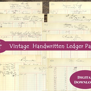 10 vintage handgeschreven rekeningen grootboekpagina's, afdrukbaar, vintage documenten, kortstondige, ongewenste dagboek, Victoriaans, digitale download