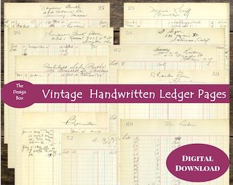 10 Vintage Handwritten Accounts Ledger Pages, Printable, Vintage Documents, Ephemera, Junk Journal, Victorian, Digital Download