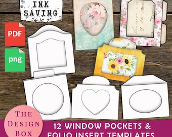 May include: A collection of 12 window pocket and folio insert templates. The templates include various shapes, such as circles, ovals, and hearts, with floral and watercolor designs. The image also includes the text "INK SAVING" and "THE DESIGN BOX".