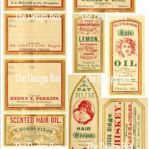 Pu&ograve; includere: Una collezione di etichette di farmacia vintage con accenti dorati e rossi. Le etichette presentano testi come "Olio di ricino", "Rum di baia", "Crema per capelli", "Estratto di limone", "Olio per capelli profumato" e "Whisky".
