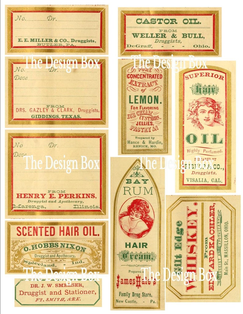 Pu&ograve; includere: Una collezione di etichette di farmacia vintage con accenti dorati e rossi. Le etichette presentano testi come "Olio di ricino", "Rum di baia", "Crema per capelli", "Estratto di limone", "Olio per capelli profumato" e "Whisky".