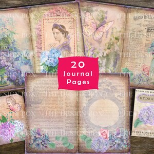 以下が含まれることがあります： ヴィンテージな雰囲気のジャーナルページ20枚。花柄、蝶、テキストが特徴です。ページは質感のある紙に印刷されており、使い古したような風合いがあります。