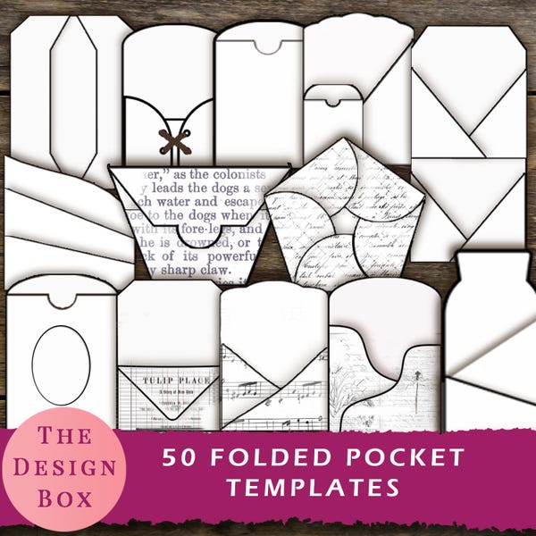 Folded Pocket Templates, Templates, Stamped overlay, Ink saver, Junk Journal, Black and White, Digital Papers, Printable, Outline, Pocket