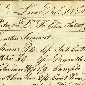 May include: A handwritten document with a date of "Liner Dwi 21: 1486." The document lists various items and their prices, including "Gom. Paterson D. So Chin Patut Zij" for 1, "Derti Crastus Singiant" for 6, "Bed Win" for 10, "Veterian" for 4, and "Hum Aber Sun" for 6.
