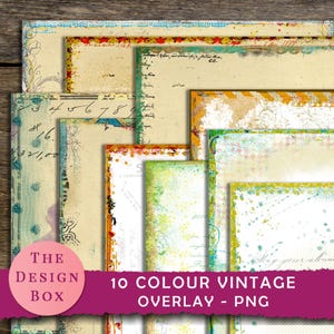 May include: A selection of ten vintage overlay designs in PNG format. The overlays feature aged paper textures with decorative borders in various colours, including green, yellow, and blue. The text "10 COLOUR VINTAGE OVERLAY - PNG" is displayed on a purple banner.
