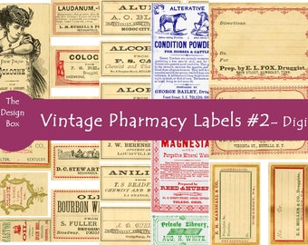 Ensemble #2 pharmacie vintage, étiquettes imprimables, étiquettes de médecine, Apothicaire, Collage numérique, Médicaments, Poisons, Ephemera, Scrapbook, Junk journal,