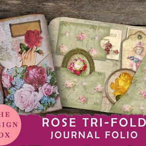Rose Tri-Fold Folio, Junk Journal, Folio Kit, Rose Folder, Journal Insert, Ephemera, Handmade, Imprimable, Embellissement, vintage, Digital