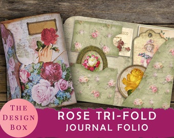 Rose Tri-Fold Folio, Junk Journal, Folio Kit, Rose Folder, Journal Insert, Ephemera, Handmade, Printable, Embellishment, Vintage, Digital