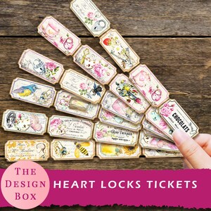 Billets coeur avec serrure, billets imprimables, journal indésirable, minable, floral, Saint-Valentin, éphémère, imprimable, éphémère, fête des mères, coeur, rose