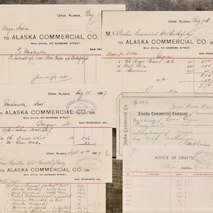 Facturas antiguas de la década de 1800, Compañía comercial de Alaska, estación comercial, efímeras manuscritas, álbum de recortes, diario. Descarga digital. Imprimible