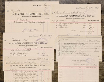 Vintage 1800s Invoices, Alaska Commercial Company, Trading Station, Handwritten Ephemera, Scrapbook, Journal. Digital Download. Printable