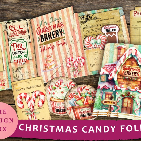 Christmas Candy, Tri-Fold Folio, Junk Journal, Printable Folio, Christmas Folder, Journal Insert, Ephemera,  Santa Folio, Folio Kit, Pink