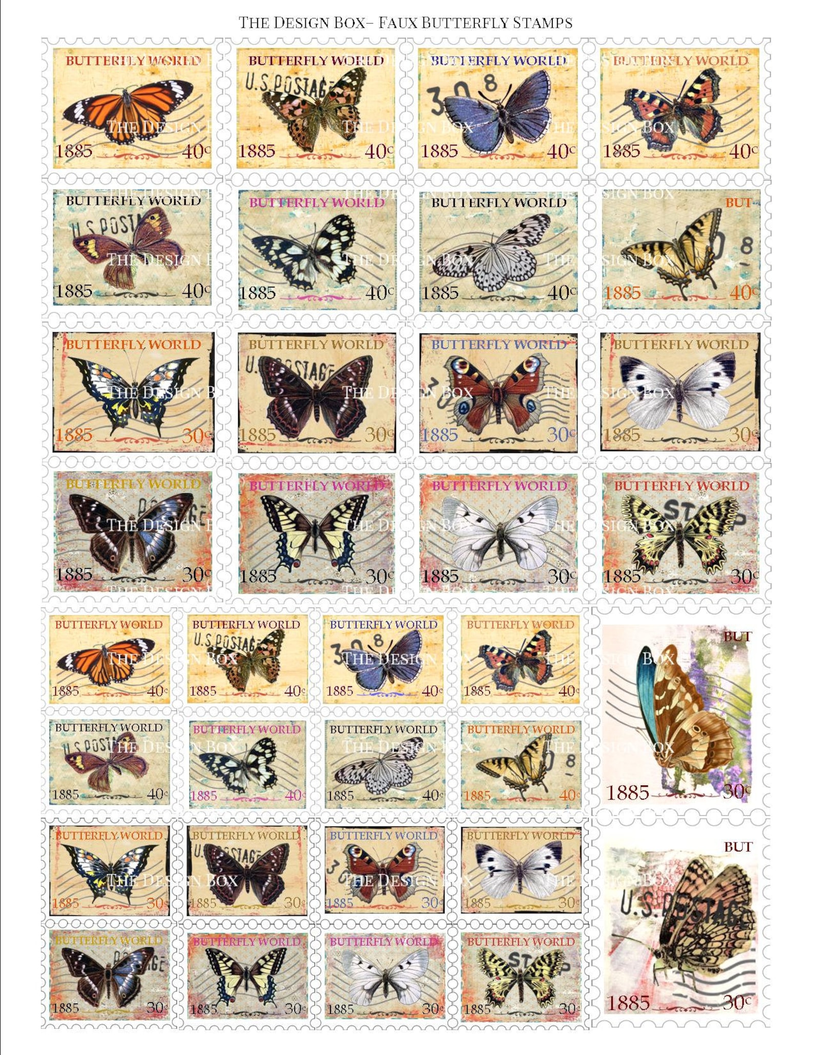 Butterfly Postage Stamps, Printable Stamps, Vintage Butterfly, Postage