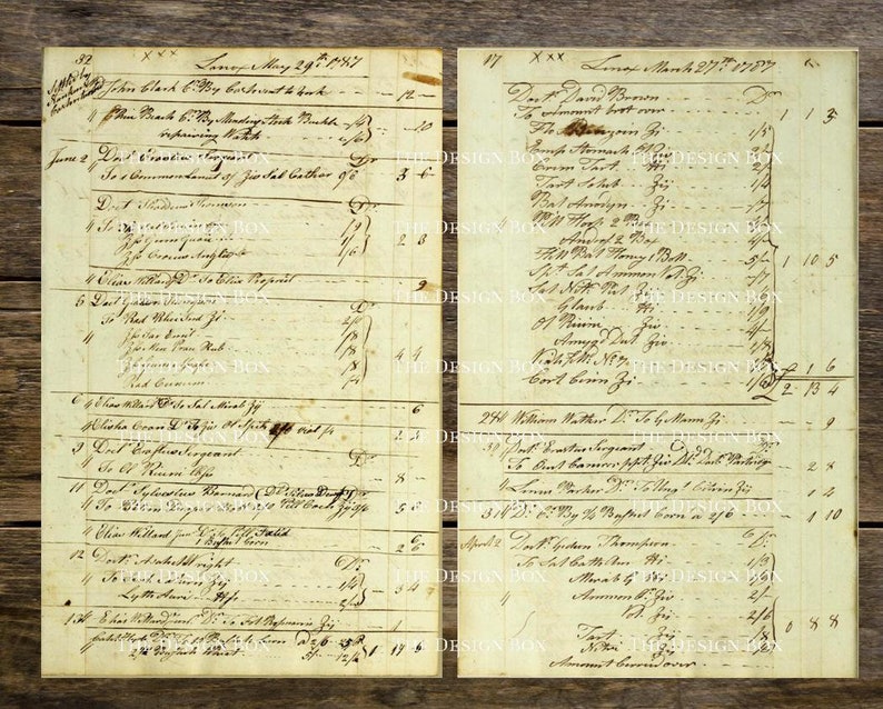 May include: A vintage ledger page with handwritten entries in black ink. The page is dated May 29, 1787 and March 27, 1787. The entries include names, dates, and amounts of money.