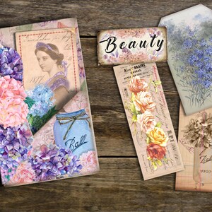 May include: A vintage-style collage featuring hydrangeas, a woman's portrait, a mason jar, and various floral patterns. The collage includes the text "Beauty" and "Ball Mason".