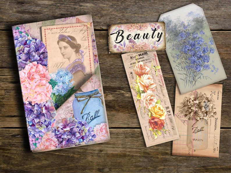 May include: A vintage-style collage featuring hydrangeas, a woman's portrait, a mason jar, and various floral patterns. The collage includes the text "Beauty" and "Ball Mason".