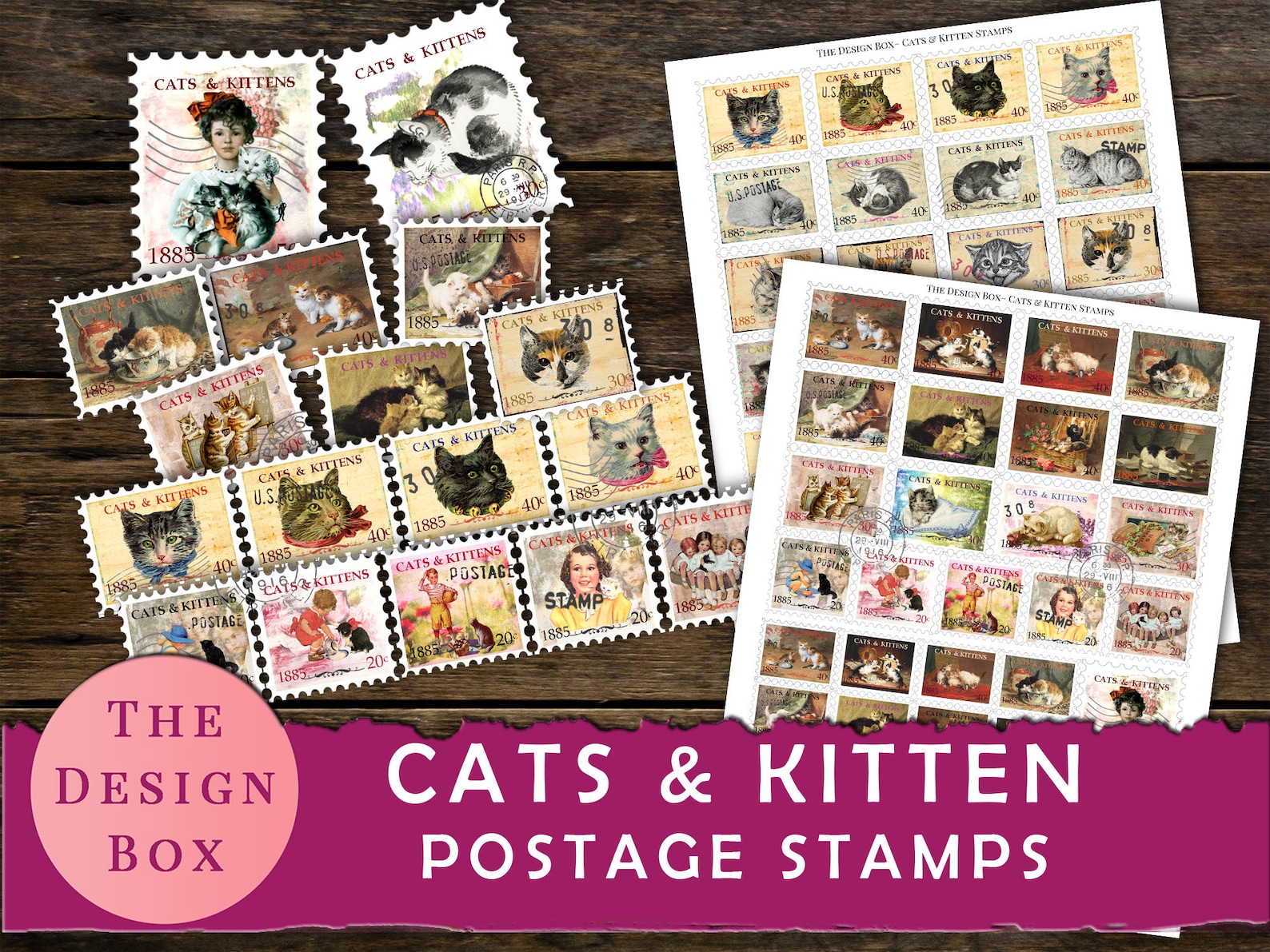 Cats & Kitten Postage Stamps, Printable Stamps, Vintage Cat Ephemera