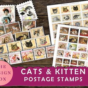 Sellos postales para gatos y gatitos, sellos imprimibles, efímera de gato vintage, sello postal de gato falso, efímera de gatito, pegatina de planificador de gatos, sello de gato