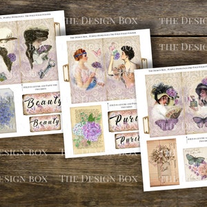 May include: Three printable sheets of paper with images and text. The first sheet has two images of women in vintage clothing holding bouquets of purple flowers. The second sheet has two images of women in vintage clothing holding flowers and butterflies. The third sheet has two images of flowers and butterflies. The text on the sheets includes the words "Beauty" and "Pure".