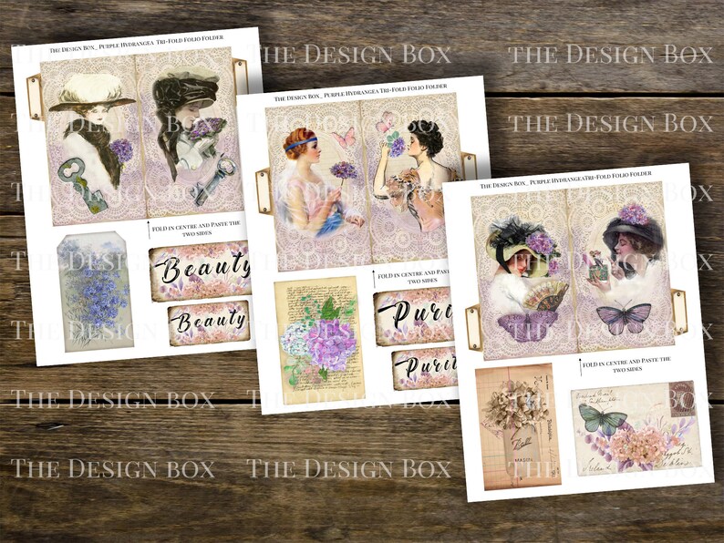 May include: Three printable sheets of paper with images and text. The first sheet has two images of women in vintage clothing holding bouquets of purple flowers. The second sheet has two images of women in vintage clothing holding flowers and butterflies. The third sheet has two images of flowers and butterflies. The text on the sheets includes the words "Beauty" and "Pure".