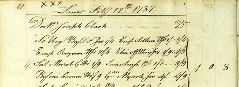 May include: A handwritten document dated July 12, 1817, with a list of items and their corresponding prices. The document is titled "Dr. Joseph Clark" and includes items like "To Ung! Behitis Zir 1/4", "Bems. Adheri G6 27-3/2", "Emse Ongera Sch. 276", "Sat Morall, Mi 1/9", and "Resini bomen Wies 9 & Mporte Zir Af 4/9".