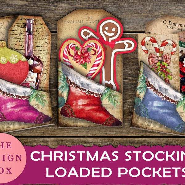 Christmas Stocking Pockets, Loaded Pockets, Christmas Ephemera, Printable Ephemera, Christmas Journal Pockets, Christmas Printable, Santa