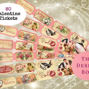 80 Valentine Tickets, Printable Tickets, Valentine Ephemera, Pink Tickets, Junk Journal, Vintage Valentine Ticket, Valentine Embellishment,