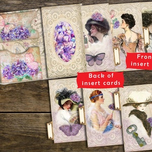 May include: A set of vintage-style cards with floral and butterfly designs. The front of the cards features women in hats and the back of the cards features floral designs. The cards are labeled "Front of insert cards" and "Back of insert cards".
