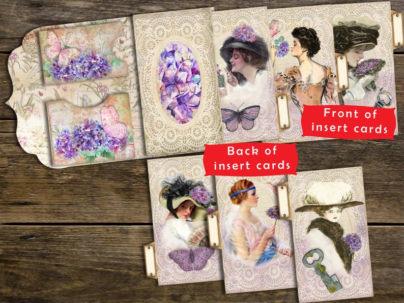 May include: A set of vintage-style cards with floral and butterfly designs. The front of the cards features women in hats and the back of the cards features floral designs. The cards are labeled "Front of insert cards" and "Back of insert cards".