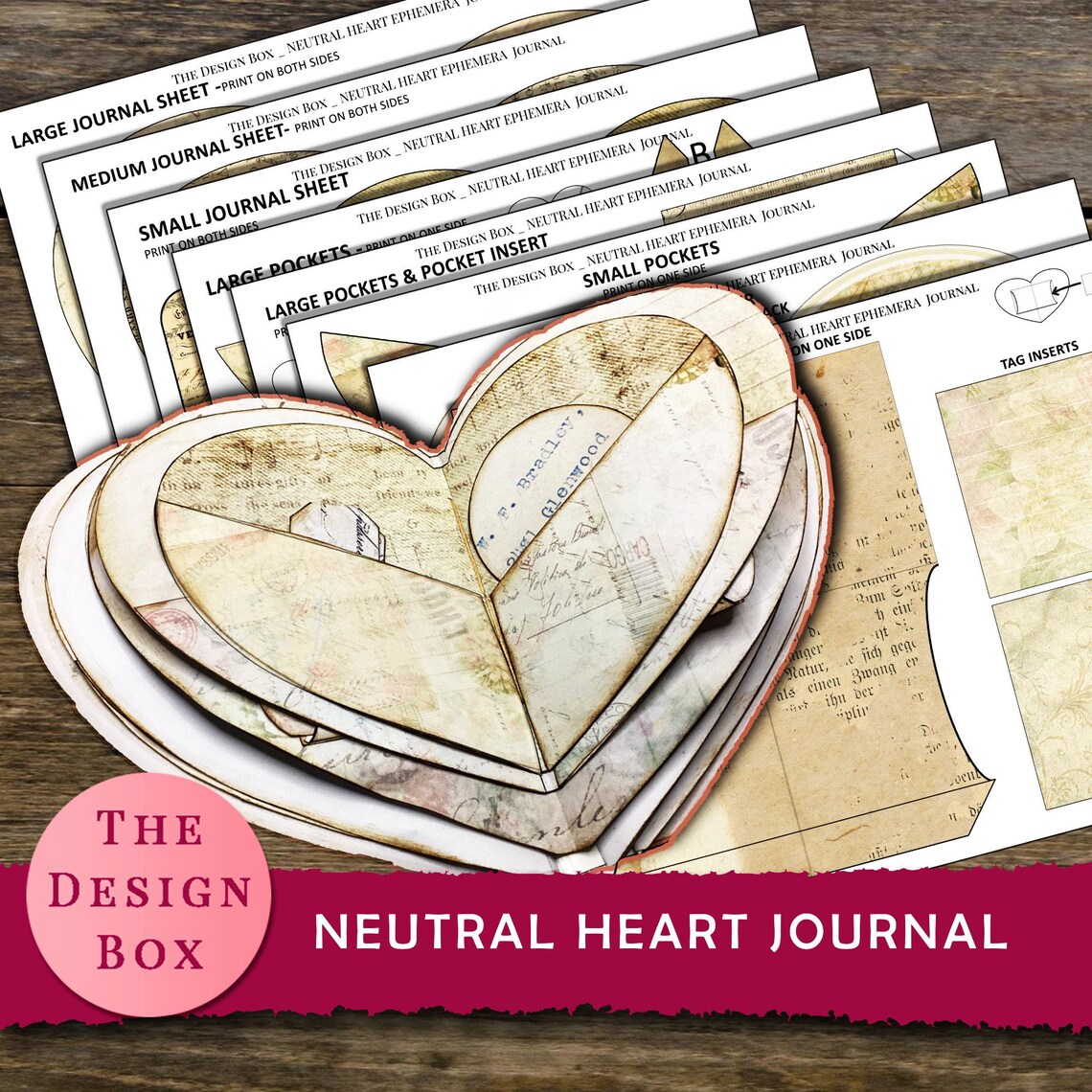 Shape Journal Neutral Heart Shape Journal, Junk Journal, Vintage, Beige, Digital ...